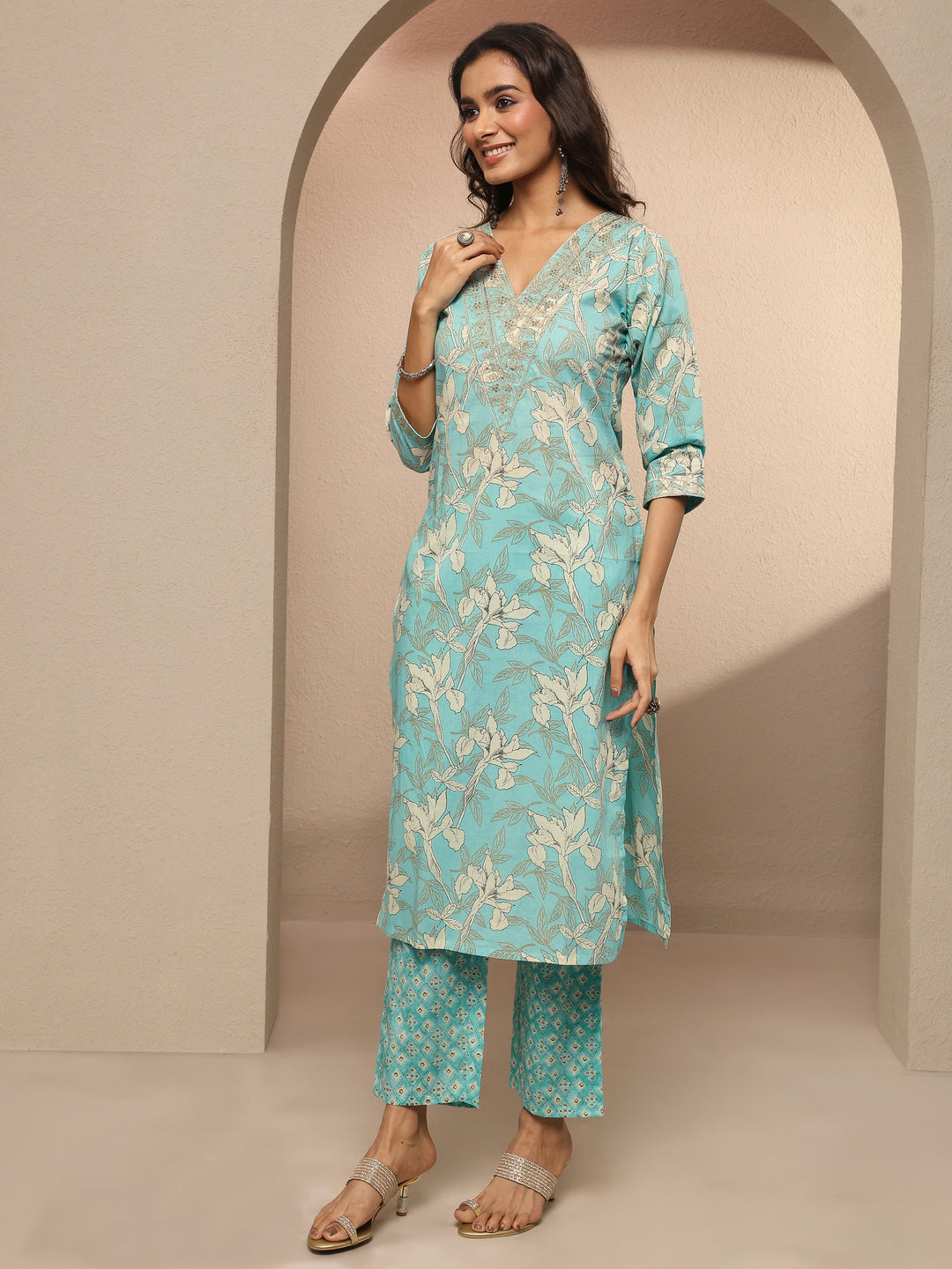Blue Printed Cotton Straight Suit Set With Dupatta