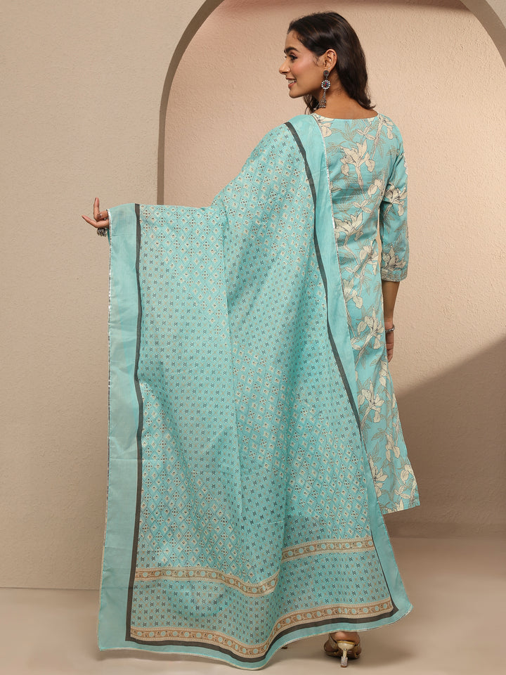 Blue Printed Cotton Straight Suit Set With Dupatta