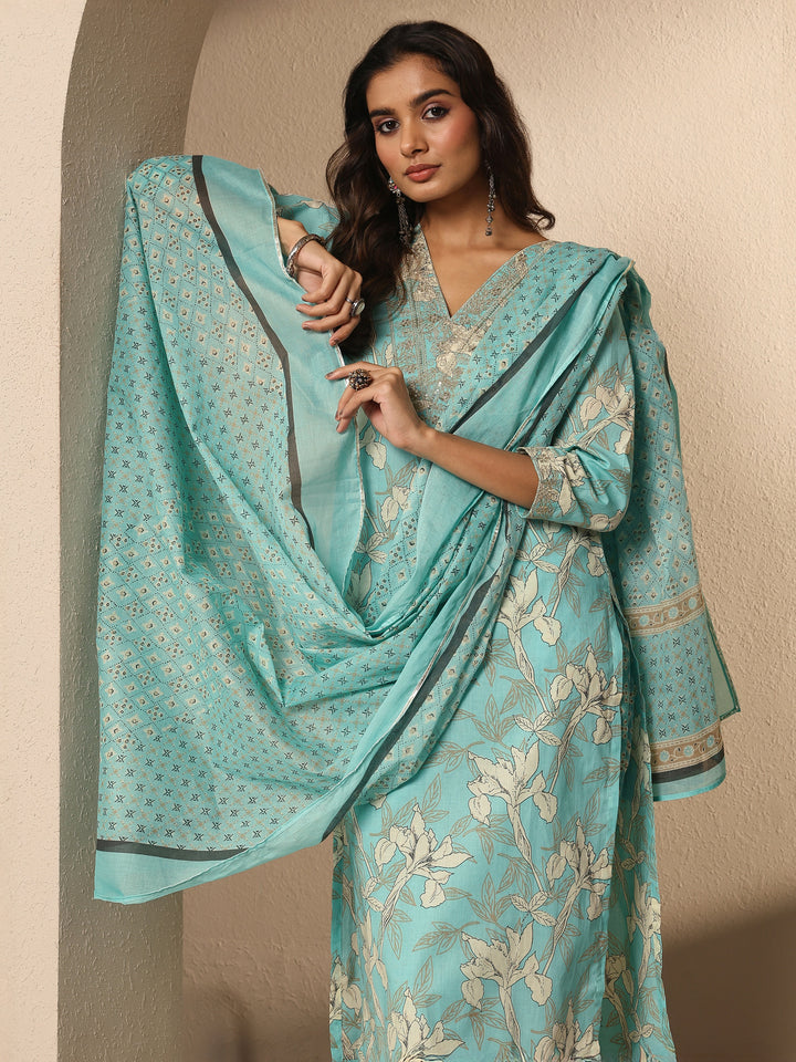 Blue Printed Cotton Straight Suit Set With Dupatta