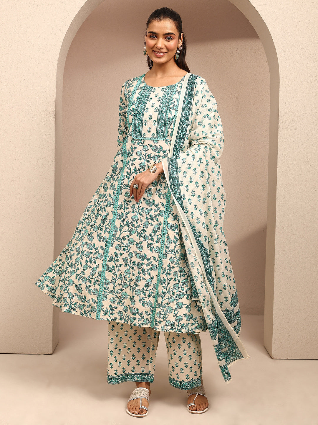 Blue Printed Cotton Anarkali Suit Set With Dupatta