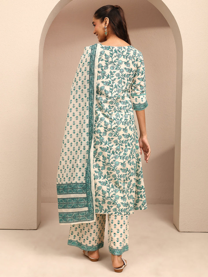 Blue Printed Cotton Anarkali Suit Set With Dupatta