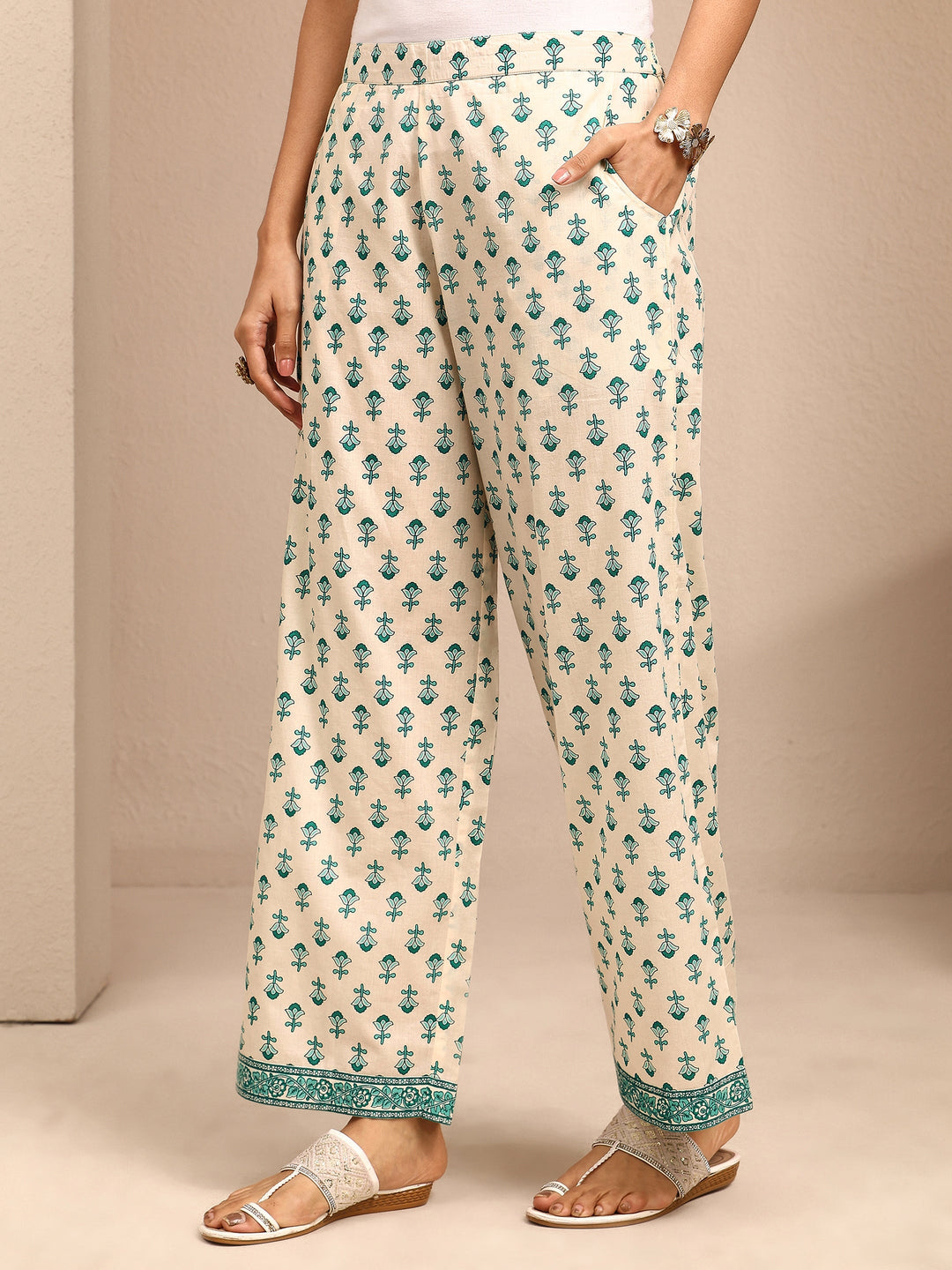 Blue Printed Cotton Anarkali Suit Set With Dupatta