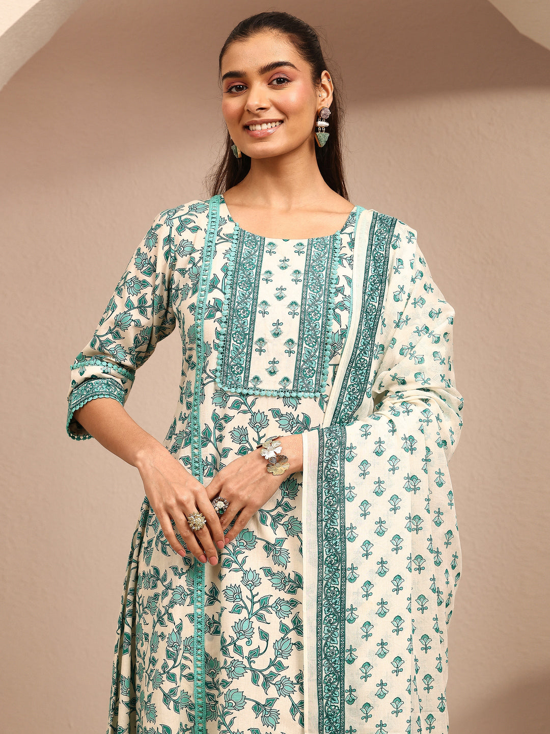 Blue Printed Cotton Anarkali Suit Set With Dupatta