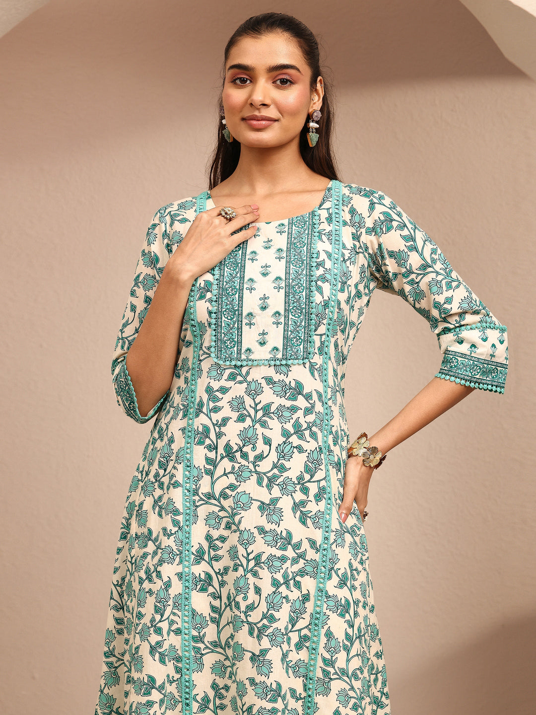 Blue Printed Cotton Anarkali Suit Set With Dupatta