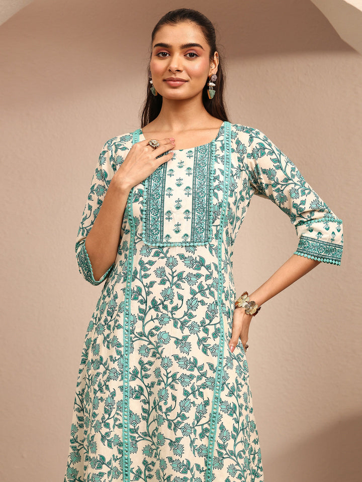 Blue Printed Cotton Anarkali Suit Set With Dupatta