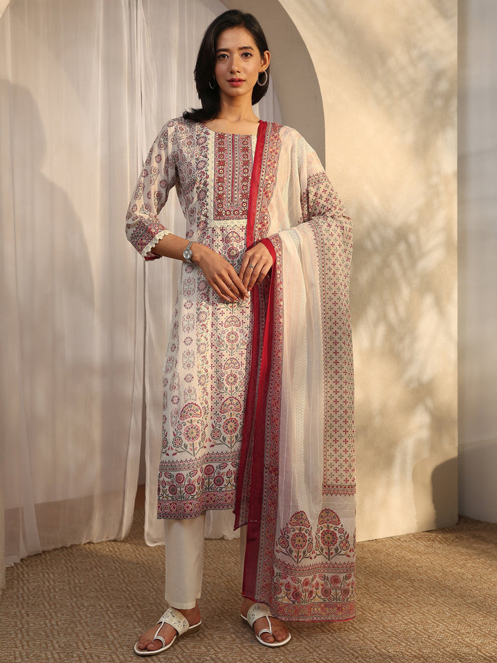 Off White Printed Cotton Straight Suit Set With Dupatta