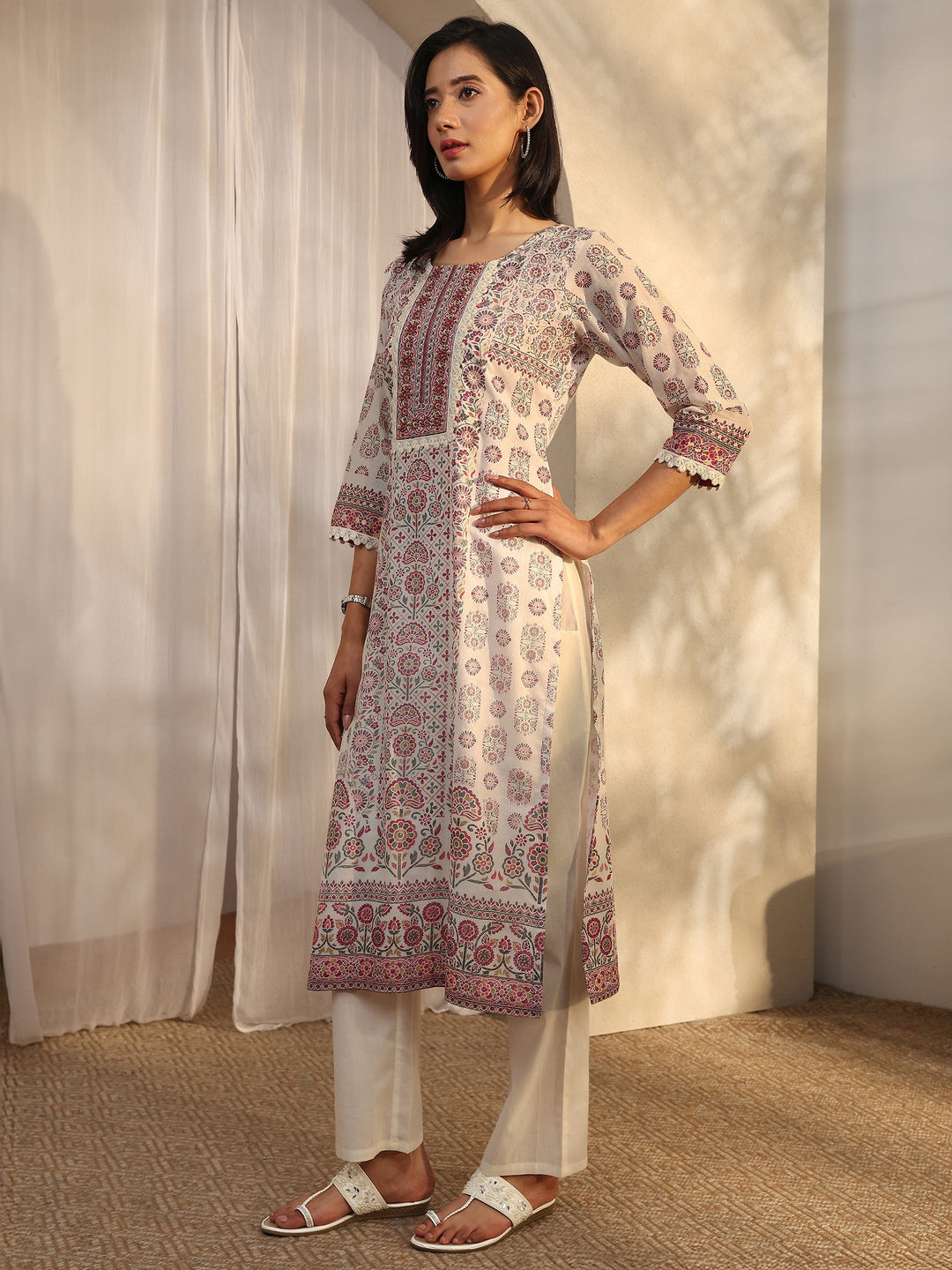 Off White Printed Cotton Straight Suit Set With Dupatta