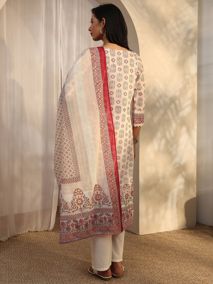 Off White Printed Cotton Straight Suit Set With Dupatta