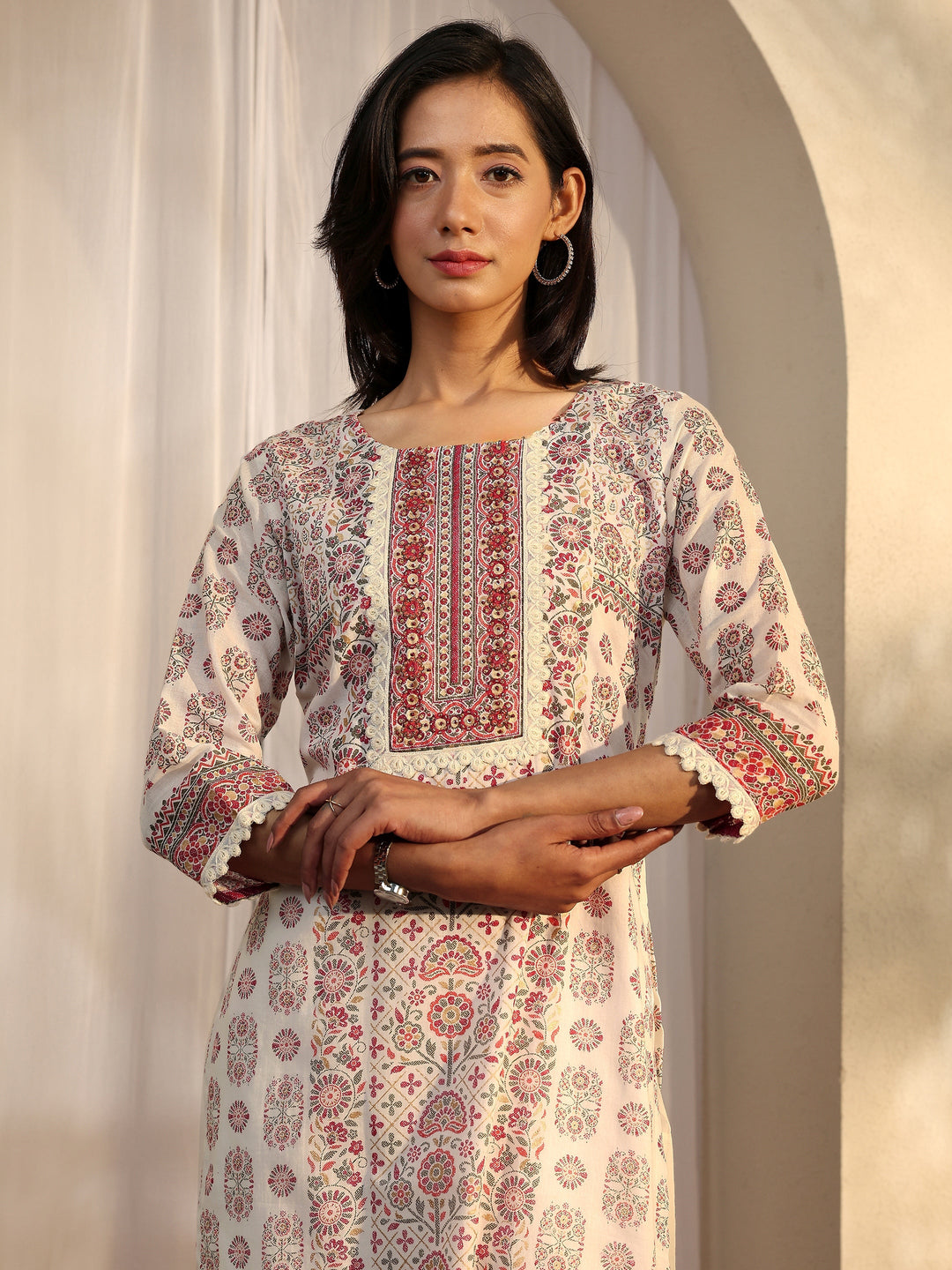 Off White Printed Cotton Straight Suit Set With Dupatta