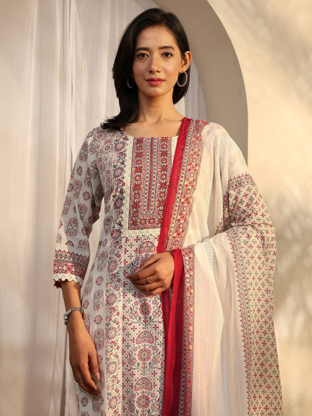 Off White Printed Cotton Straight Suit Set With Dupatta