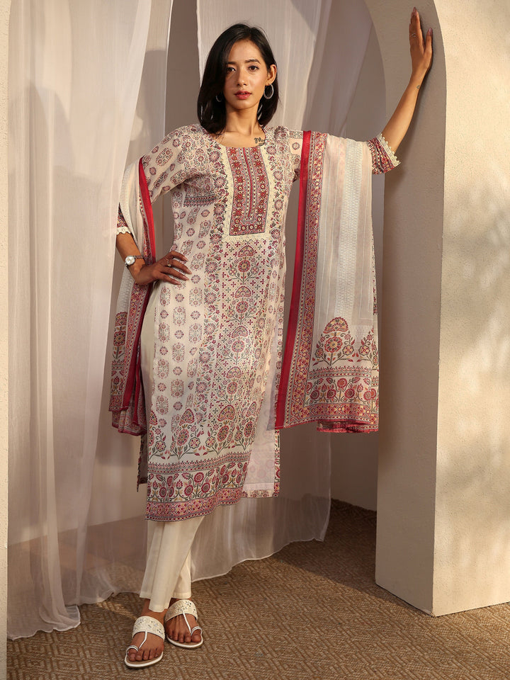 Off White Printed Cotton Straight Suit Set With Dupatta