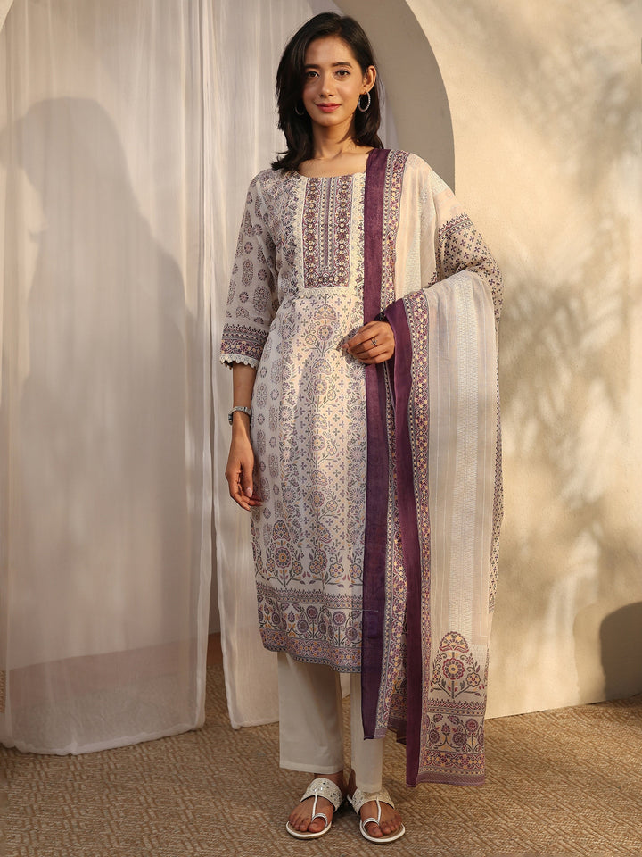 Off White Printed Cotton Straight Suit Set With Dupatta