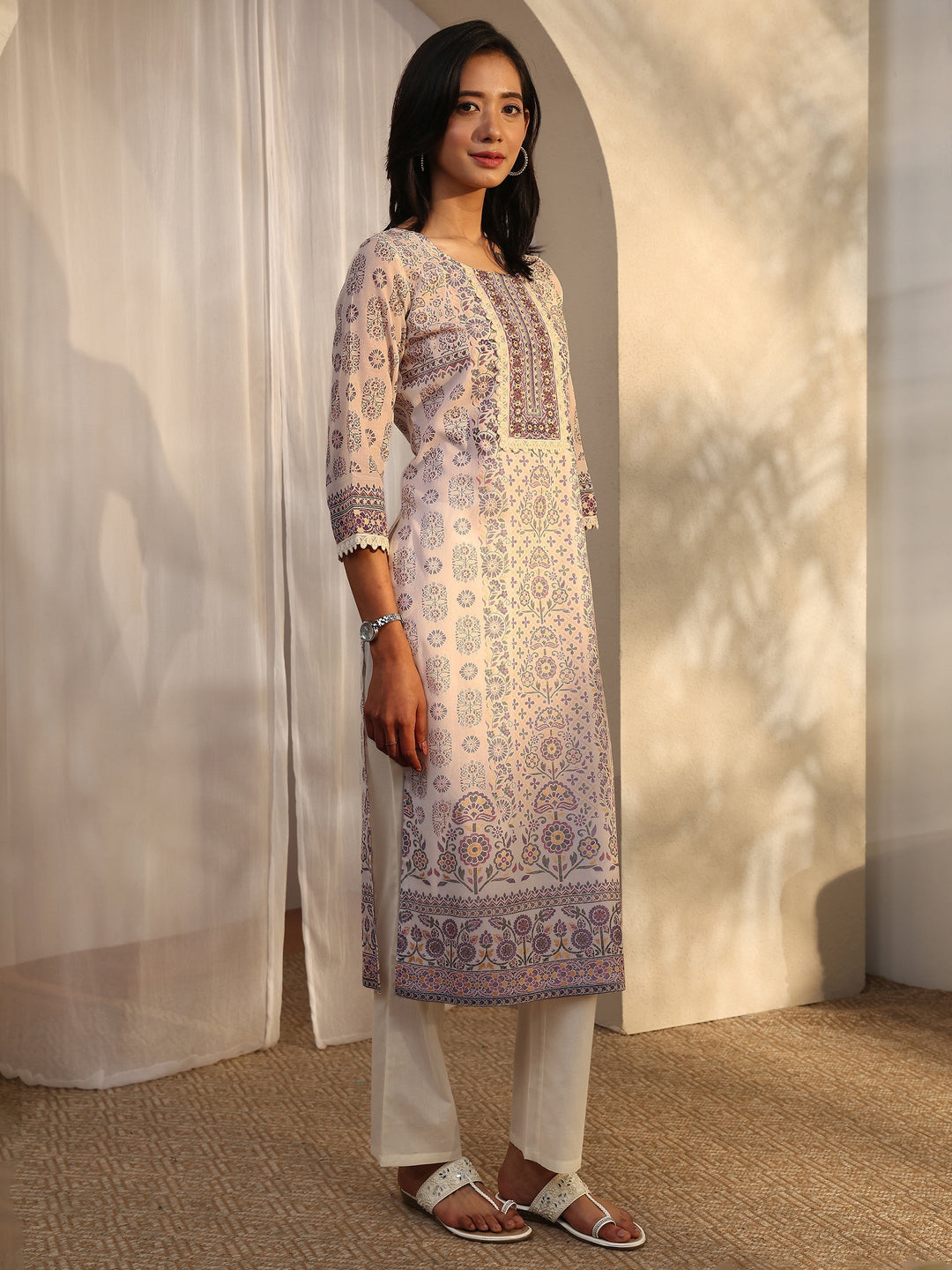 Off White Printed Cotton Straight Suit Set With Dupatta