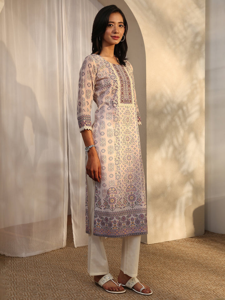 Off White Printed Cotton Straight Suit Set With Dupatta