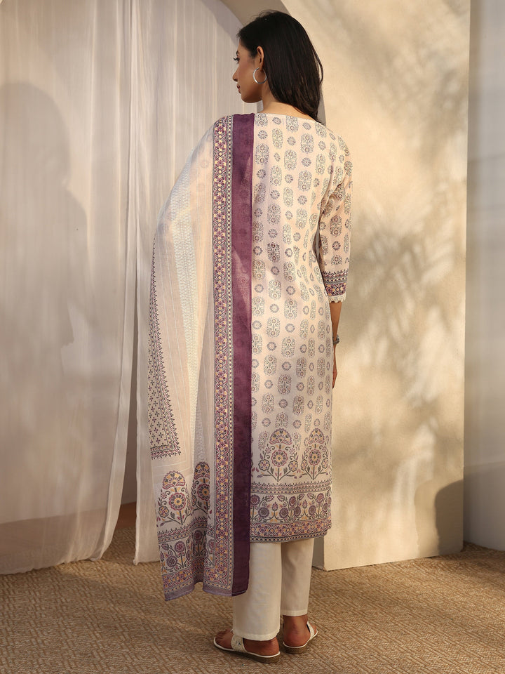 Off White Printed Cotton Straight Suit Set With Dupatta