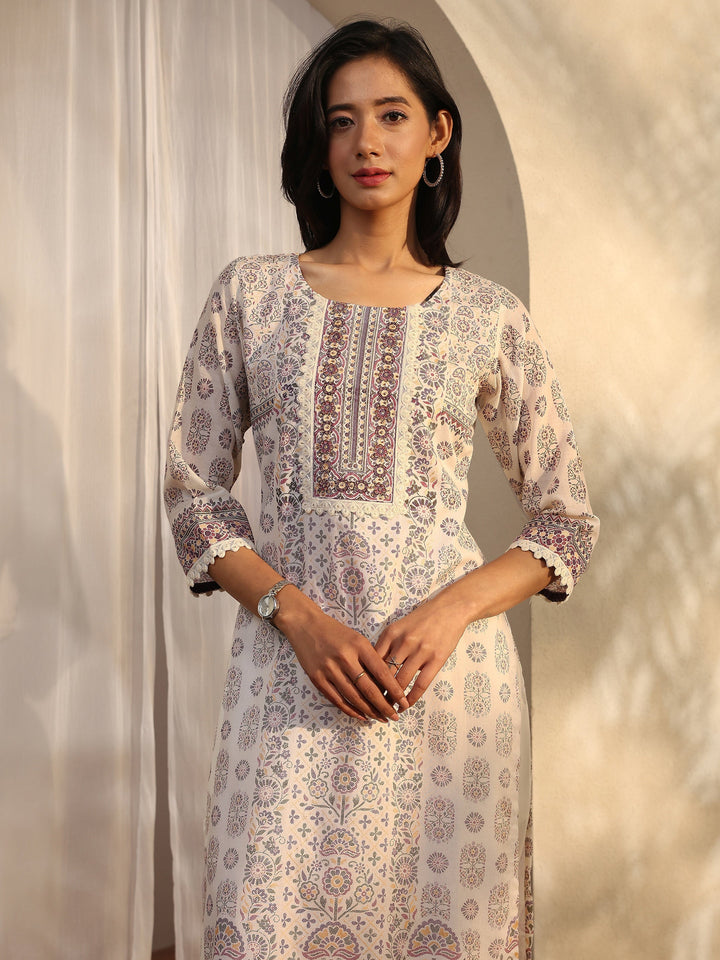 Off White Printed Cotton Straight Suit Set With Dupatta