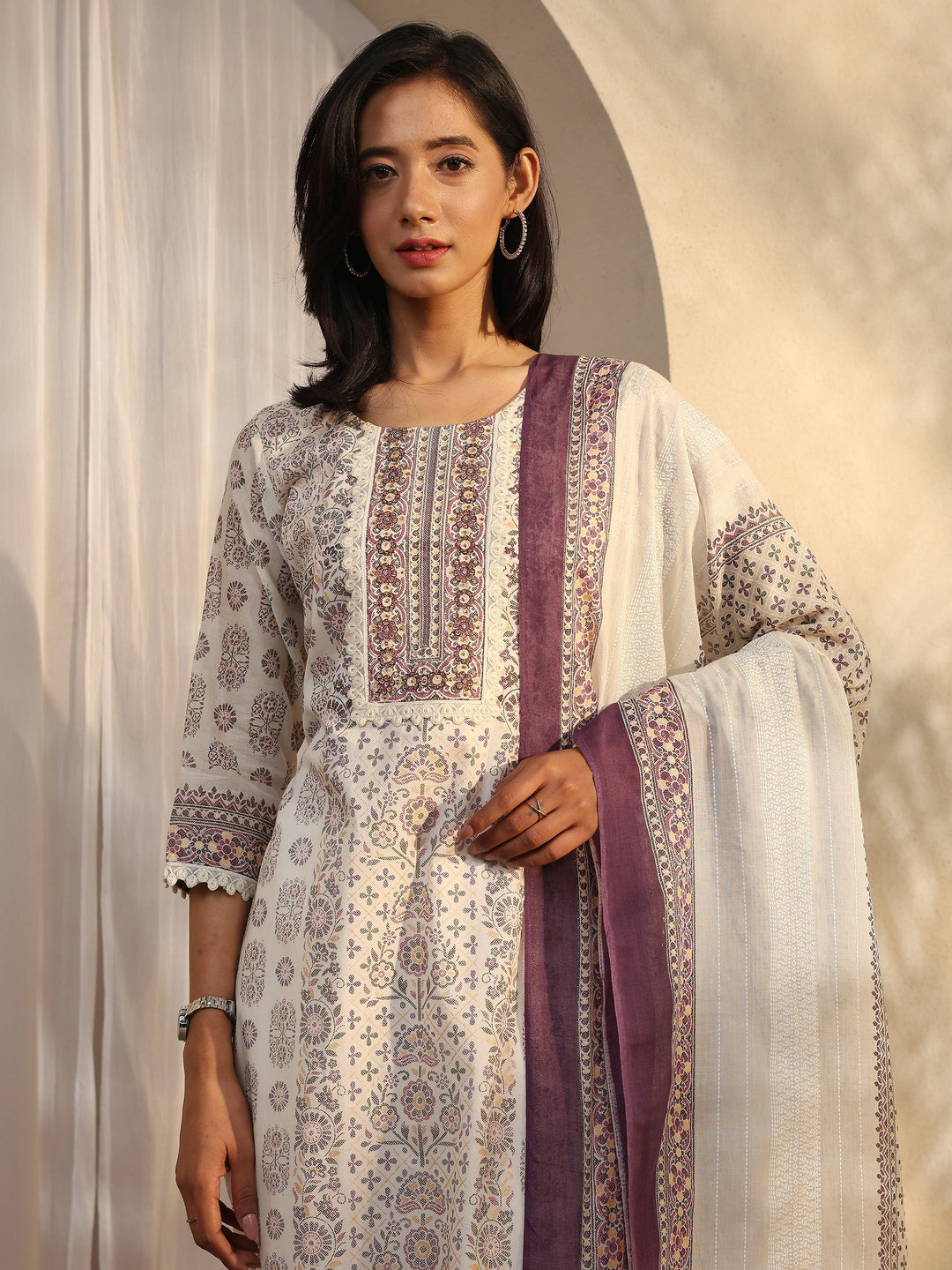 Off White Printed Cotton Straight Suit Set With Dupatta