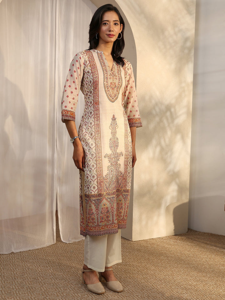 Off White Printed Cotton Straight Suit Set With Dupatta