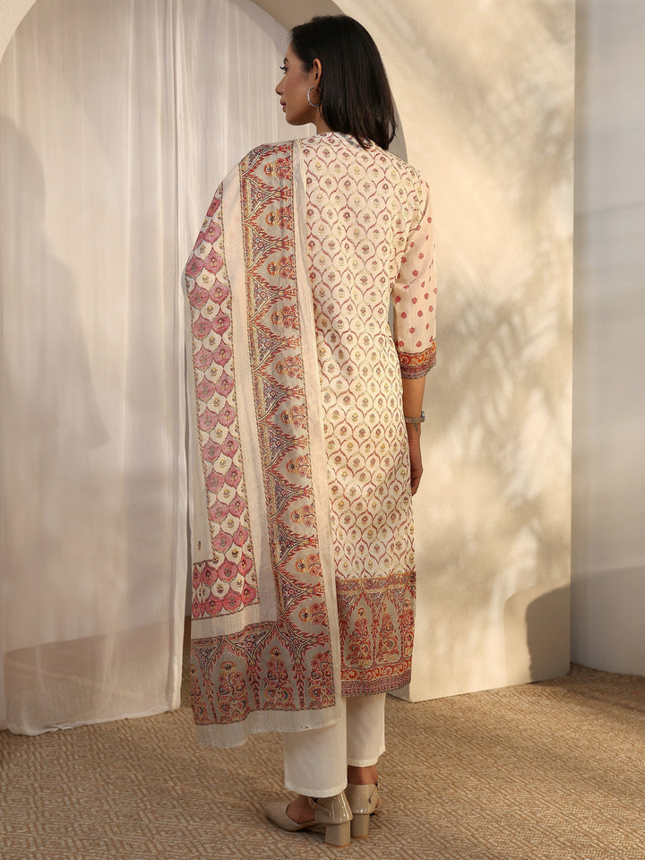 Off White Printed Cotton Straight Suit Set With Dupatta
