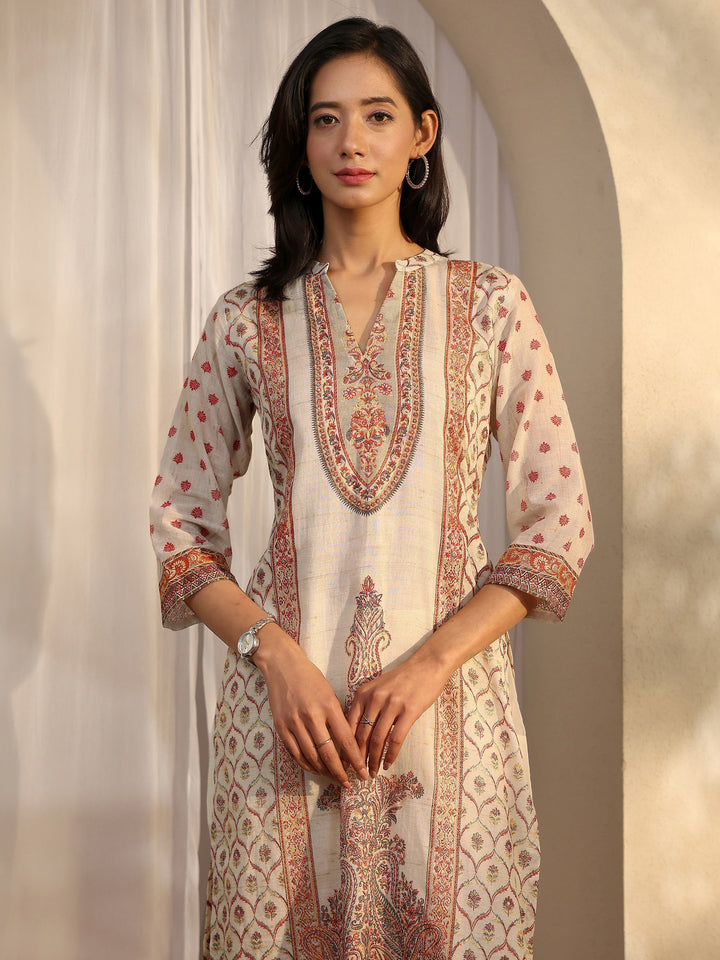 Off White Printed Cotton Straight Suit Set With Dupatta