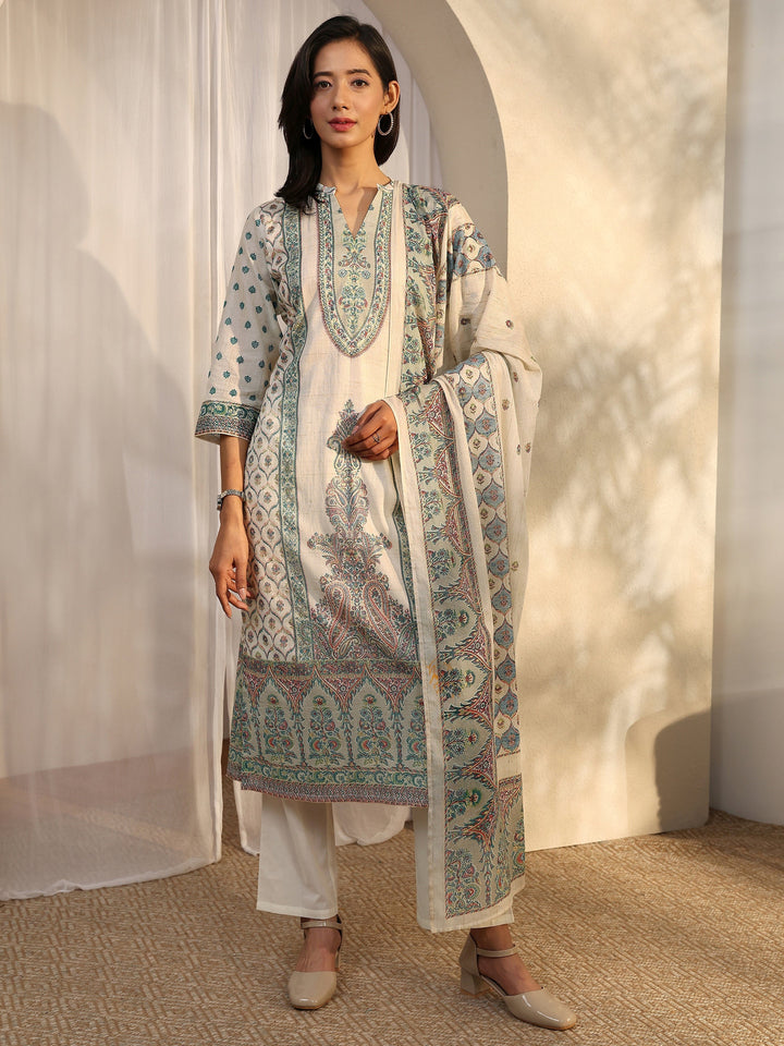 Off White Printed Cotton Straight Suit Set With Dupatta
