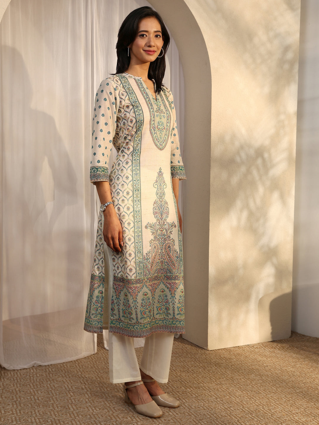 Off White Printed Cotton Straight Suit Set With Dupatta