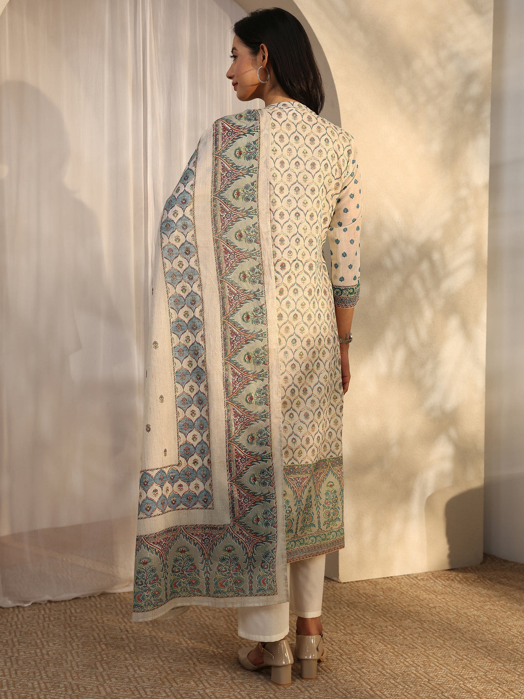 Off White Printed Cotton Straight Suit Set With Dupatta