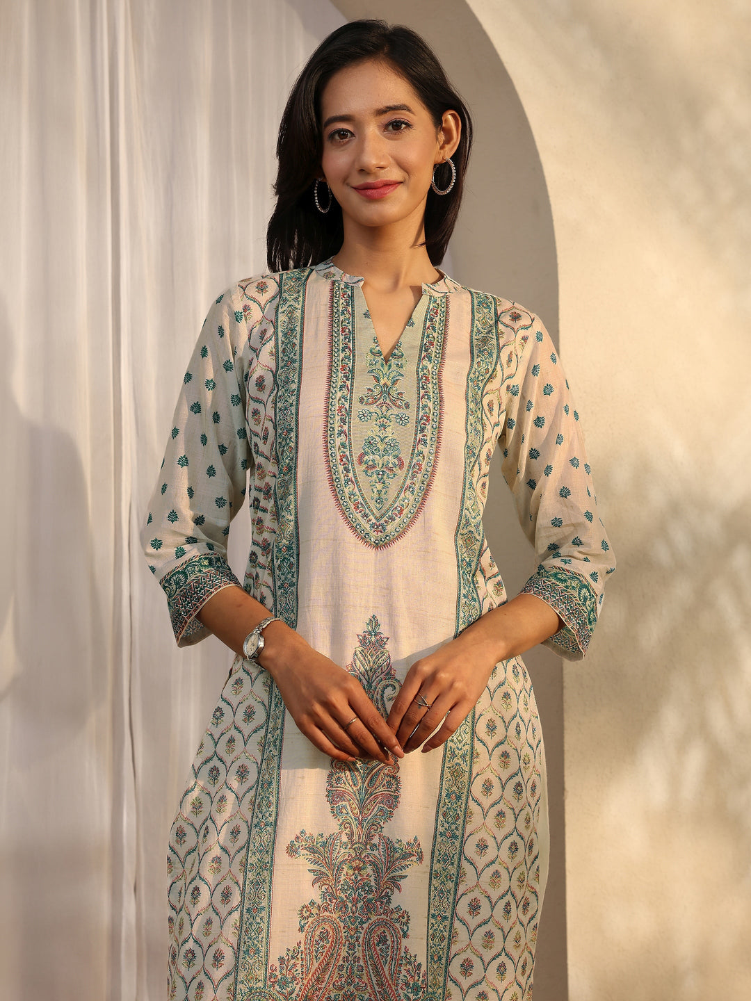 Off White Printed Cotton Straight Suit Set With Dupatta