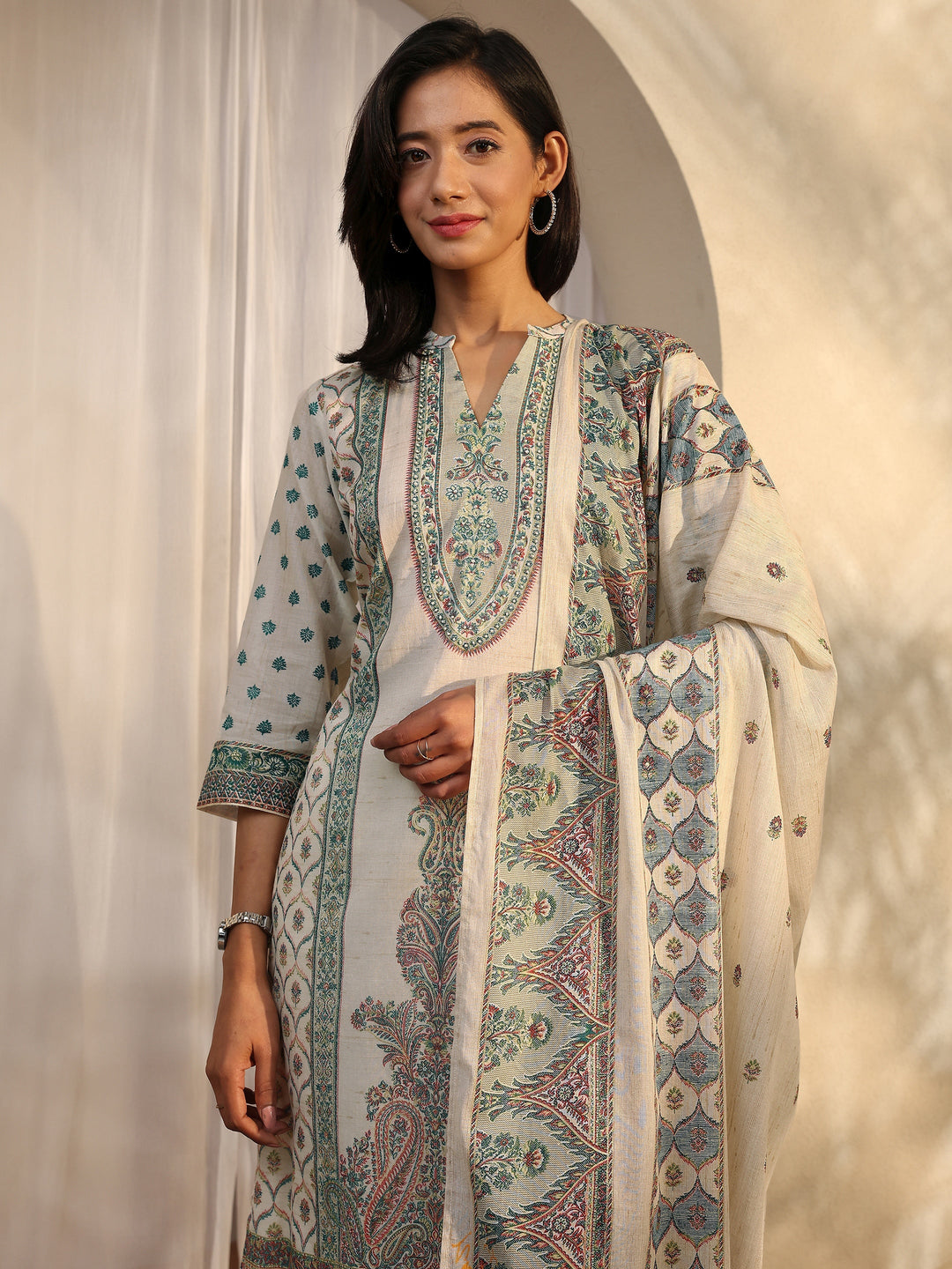 Off White Printed Cotton Straight Suit Set With Dupatta