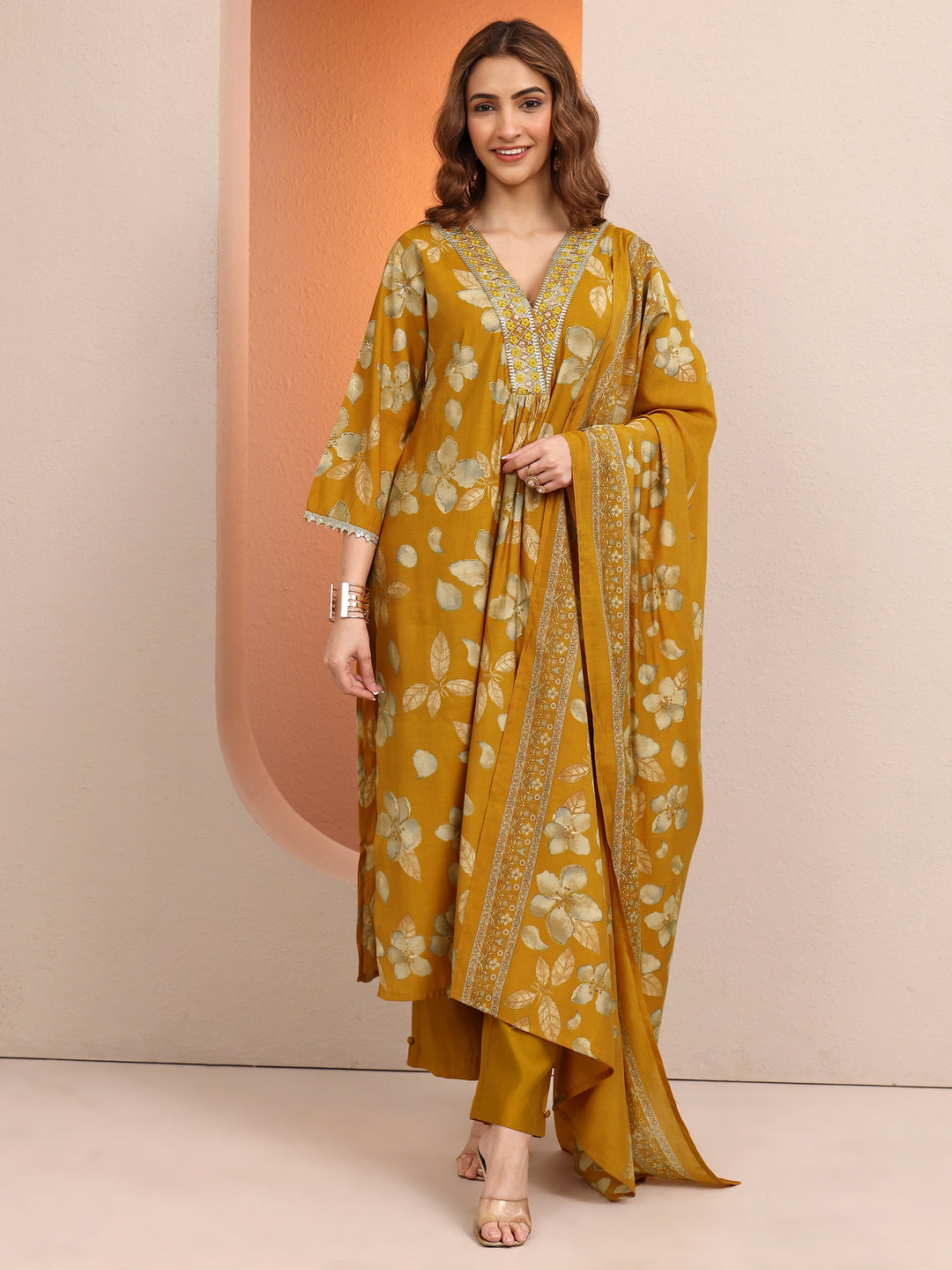 Mustard Printed Silk blend Straight Suit Set With Dupatta