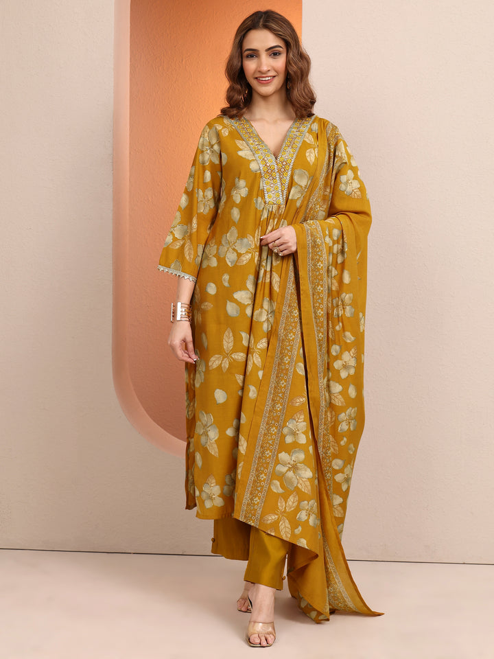 Mustard Printed Silk blend Straight Suit Set With Dupatta