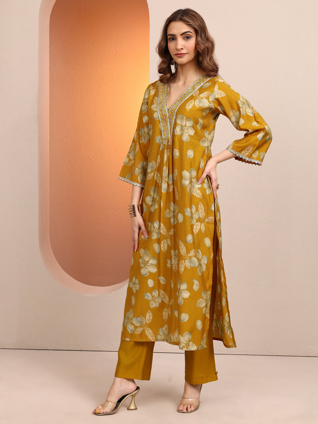 Mustard Printed Silk blend Straight Suit Set With Dupatta