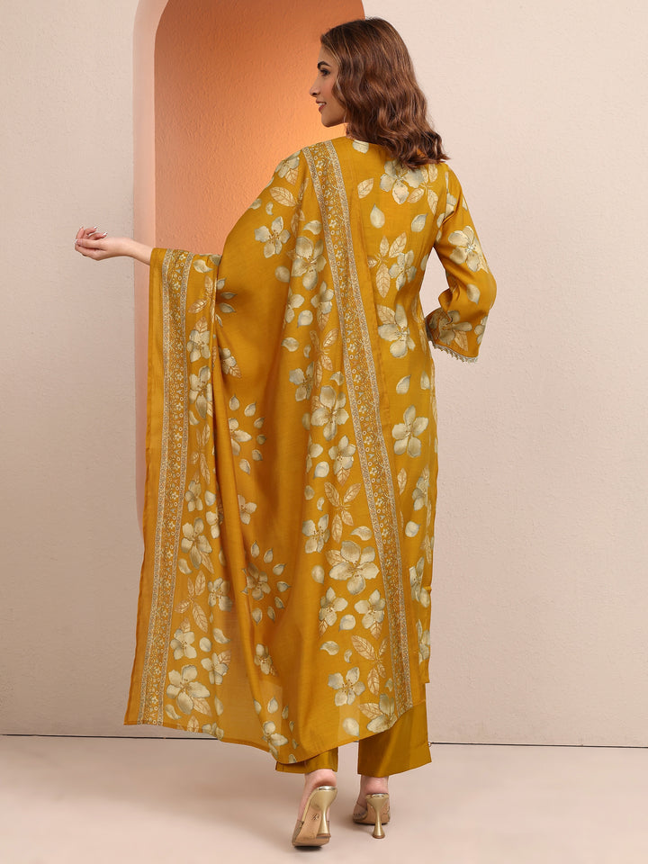 Mustard Printed Silk blend Straight Suit Set With Dupatta
