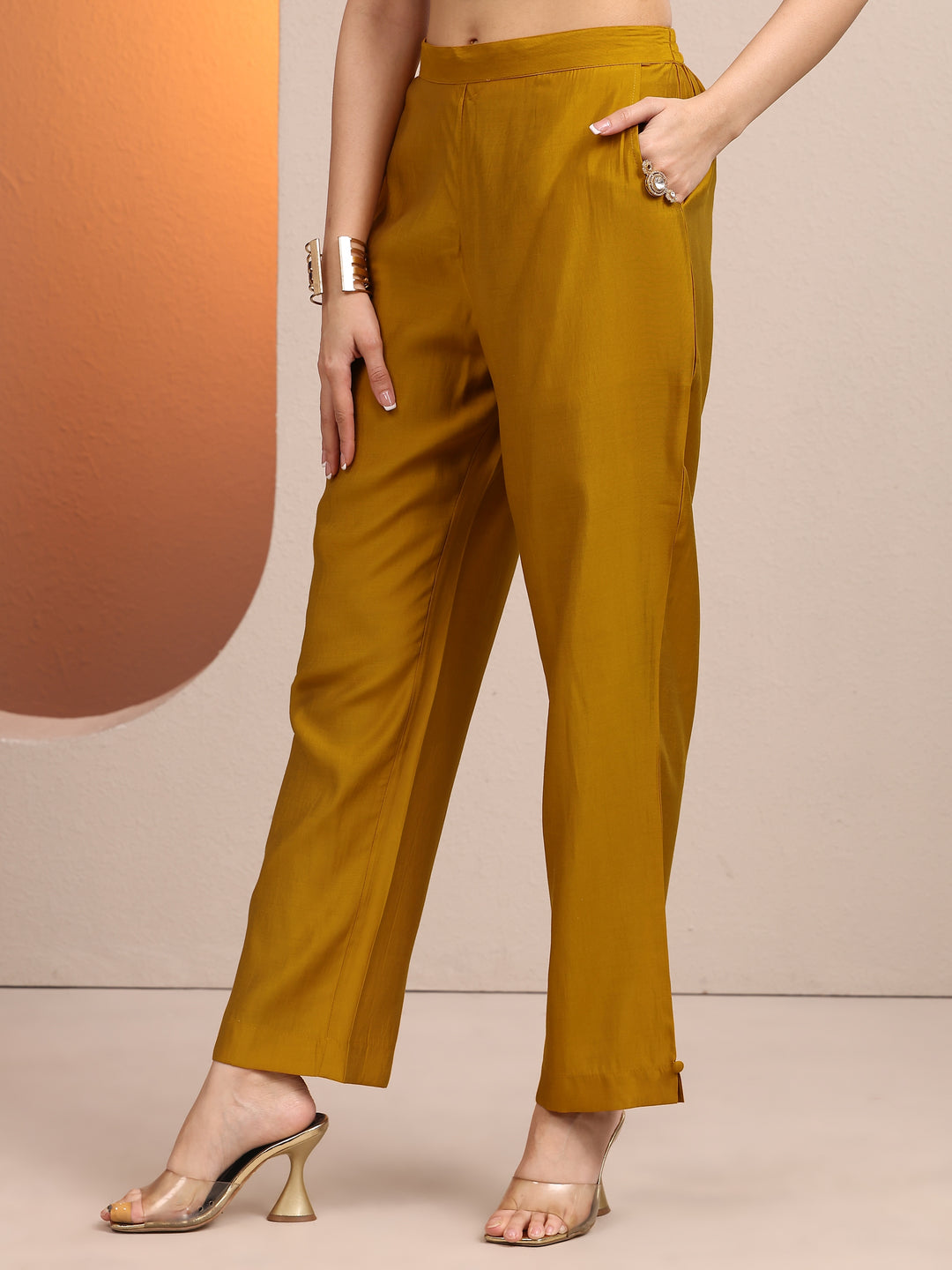 Mustard Printed Silk blend Straight Suit Set With Dupatta