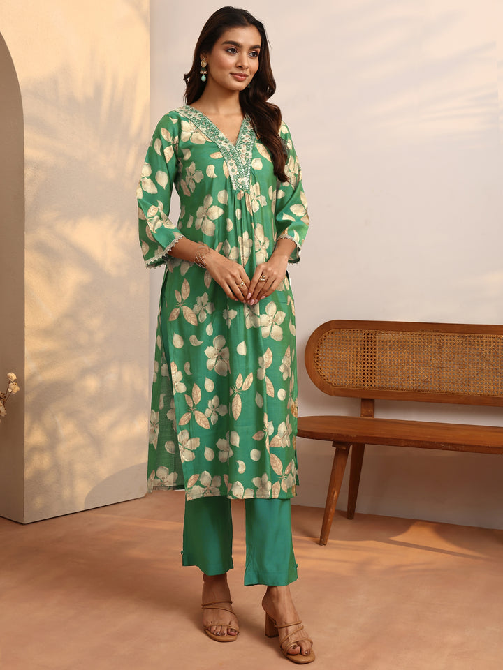 Green Printed Silk Blend A-Line Suit Set With Dupatta