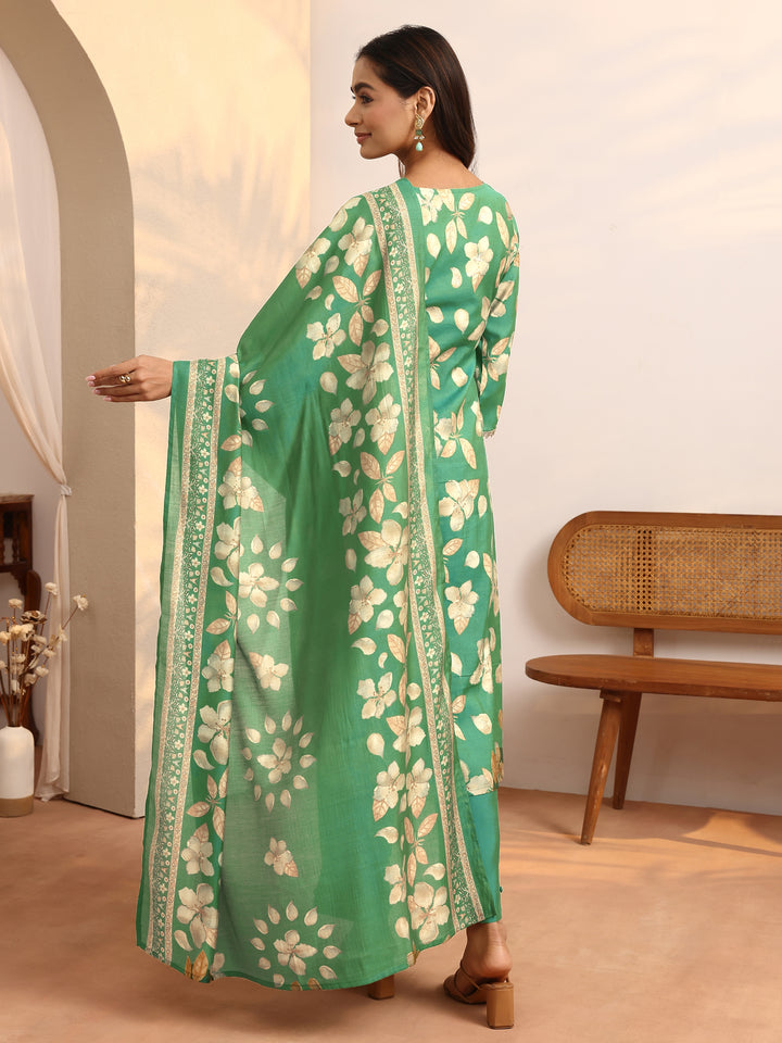 Green Printed Silk Blend A-Line Suit Set With Dupatta