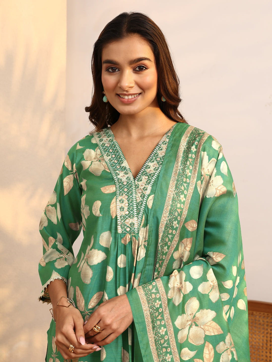 Green Printed Silk Blend A-Line Suit Set With Dupatta