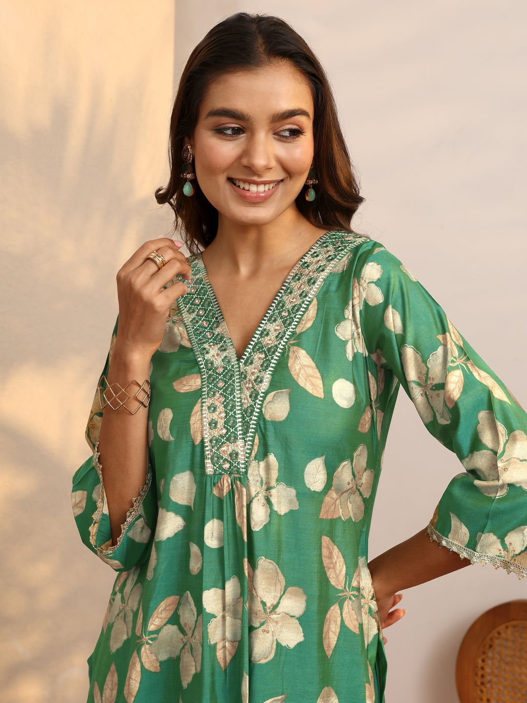 Green Printed Silk Blend A-Line Suit Set With Dupatta