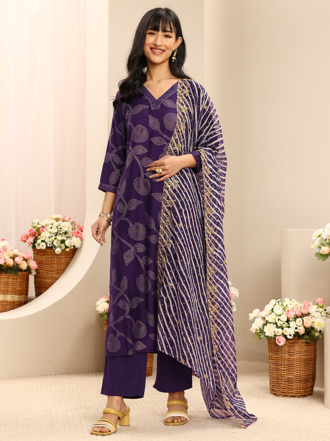 Purple Bandhani Printed Silk Blend Straight Suit Set With Dupatta