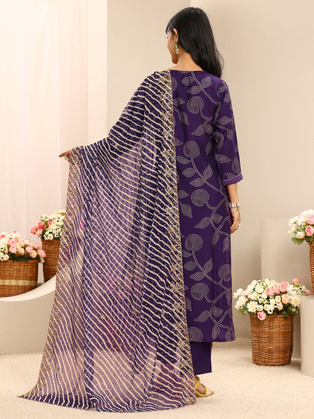 Purple Bandhani Printed Silk Blend Straight Suit Set With Dupatta