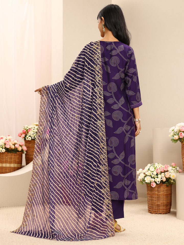Purple Bandhani Printed Silk Blend Straight Suit Set With Dupatta