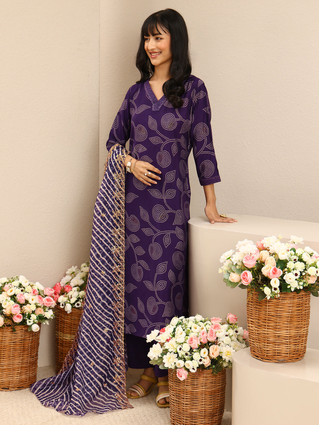Purple Bandhani Printed Silk Blend Straight Suit Set With Dupatta