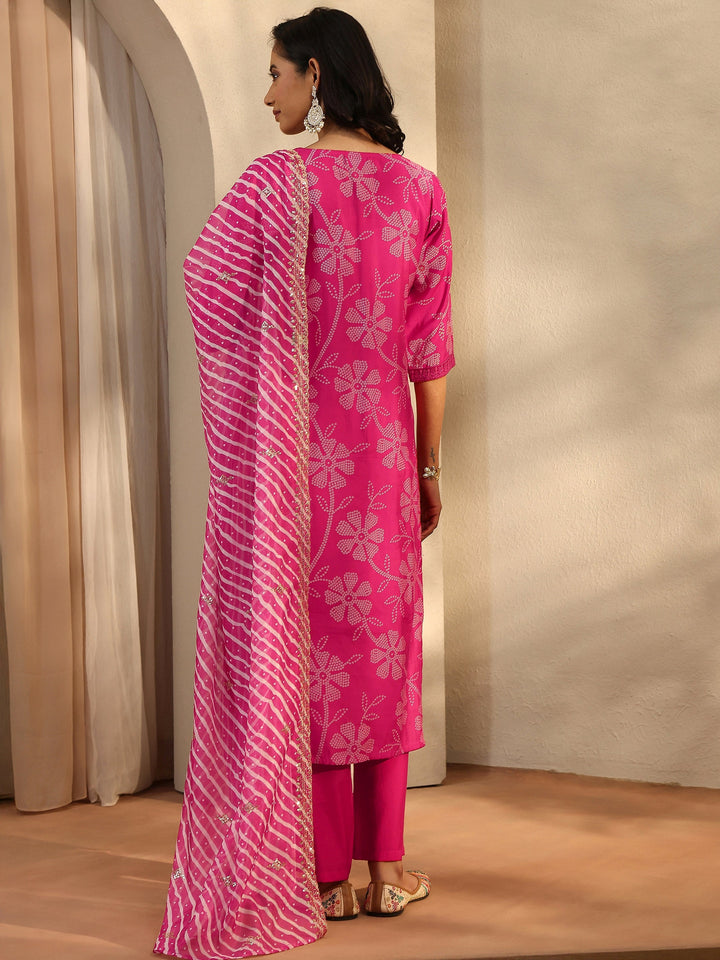 Pink Bandhani Printed Silk Blend Straight Suit Set With Dupatta
