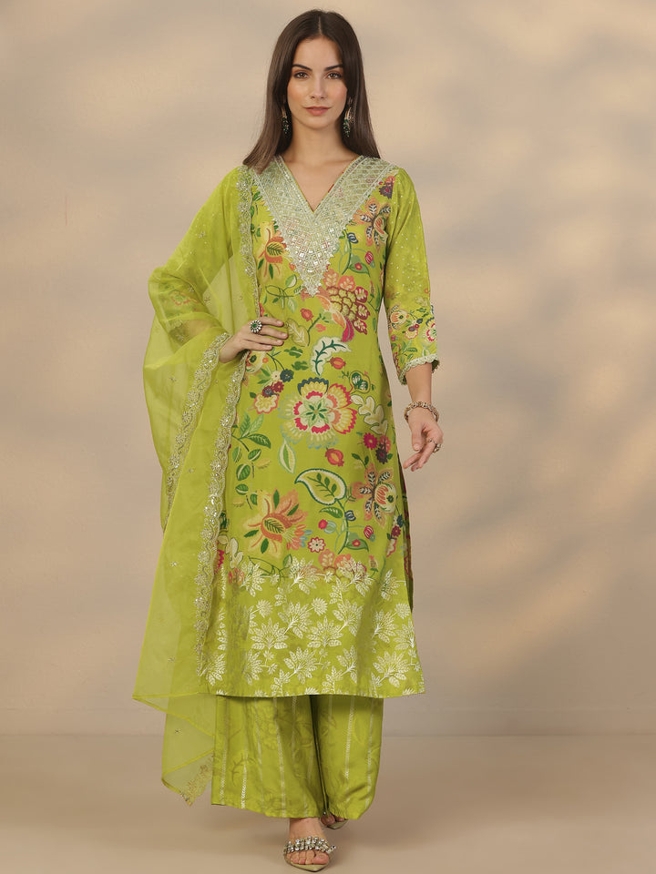 Green Printed Silk Blend Straight Suit Set With Dupatta
