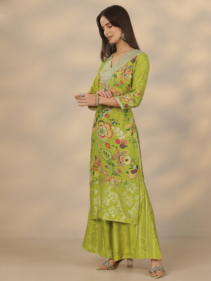 Green Printed Silk Blend Straight Suit Set With Dupatta