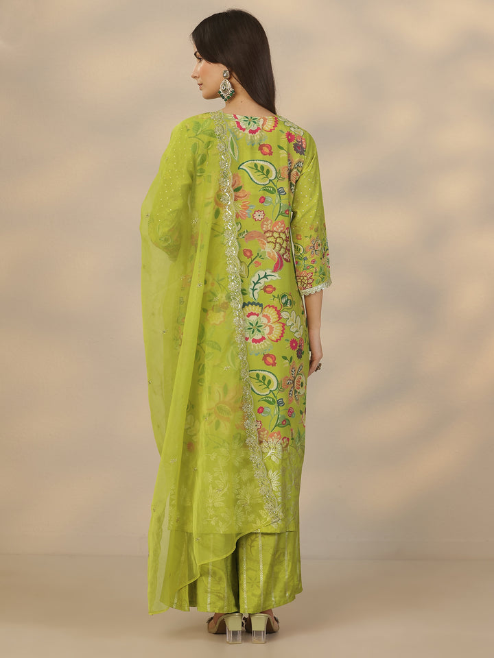 Green Printed Silk Blend Straight Suit Set With Dupatta