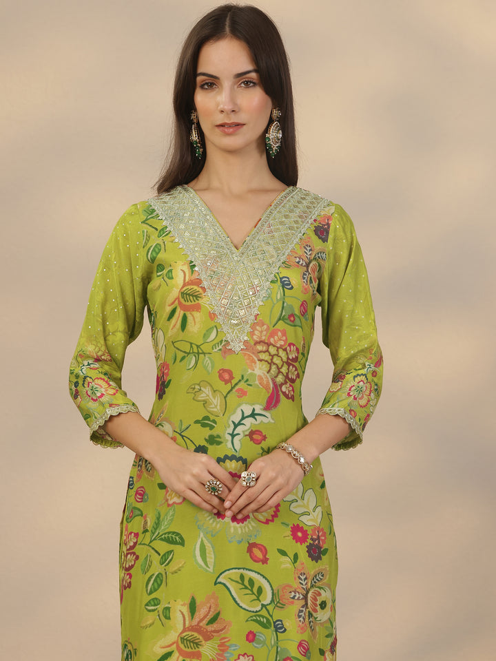 Green Printed Silk Blend Straight Suit Set With Dupatta