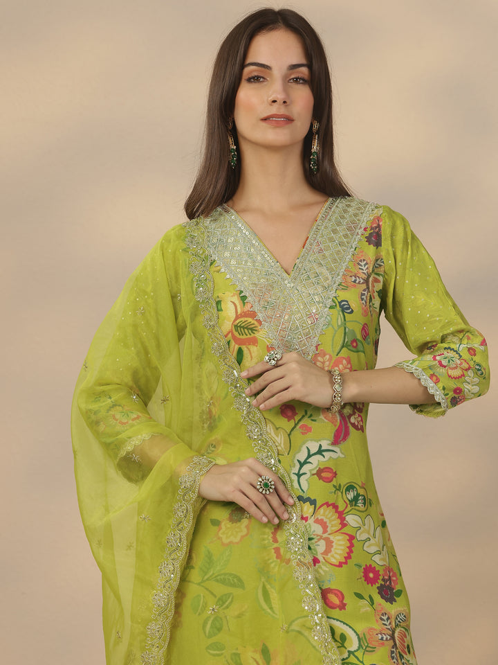 Green Printed Silk Blend Straight Suit Set With Dupatta