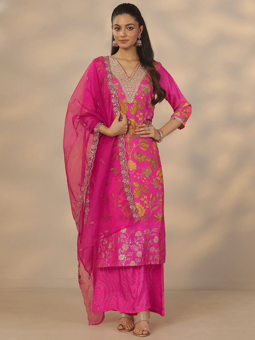Pink Printed Silk Blend Straight Suit Set With Dupatta