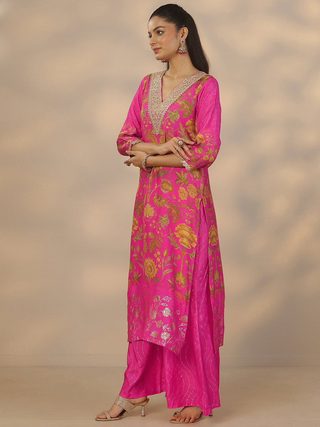 Pink Printed Silk Blend Straight Suit Set With Dupatta